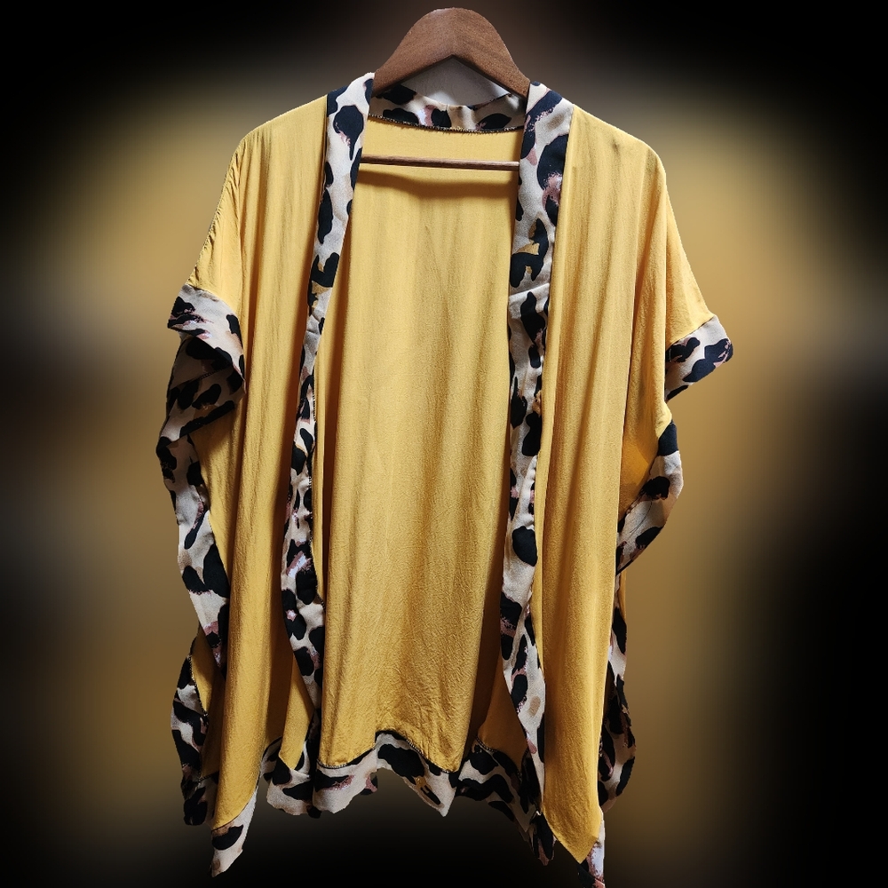 Women's Mustard Kimono with Leopard Print Trim